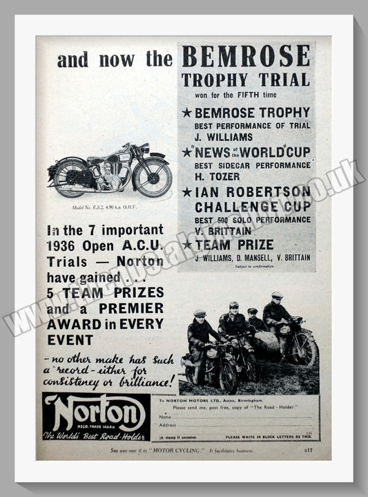 Norton Motorcycles Wins Bemrose Trophy Trial. Original Advert 1936  (ref AD58497)