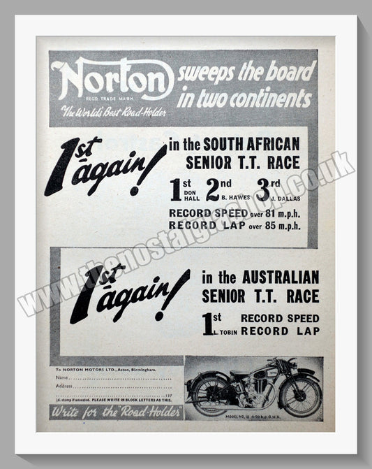 Norton Motorcycles Race Wins. Original Advert 1936  (ref AD58498)