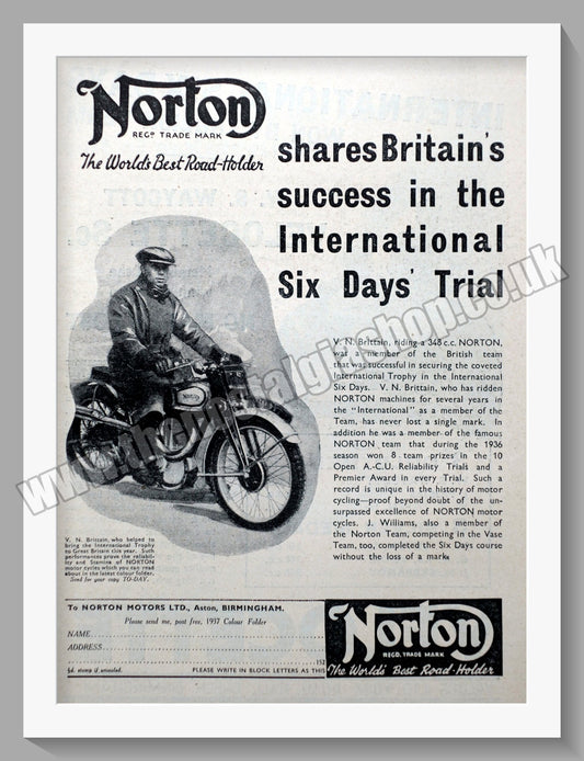 Norton Motorcycles Wins International Six Days Trial. Original Advert 1936  (ref AD58499)