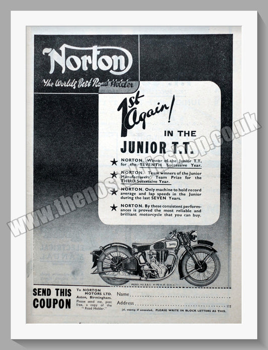 Norton Motorcycles Wins Junior T.T. Original Advert 1937  (ref AD58654)