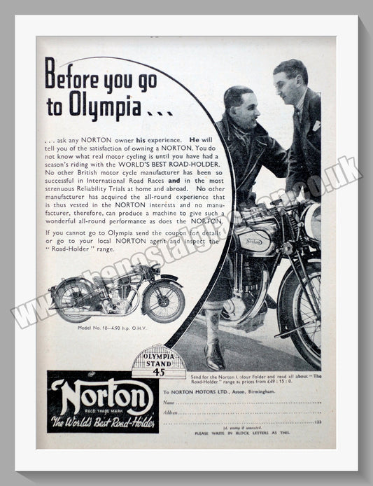Norton Motorcycles at Olympia. Original Advert 1935  (ref AD58656)