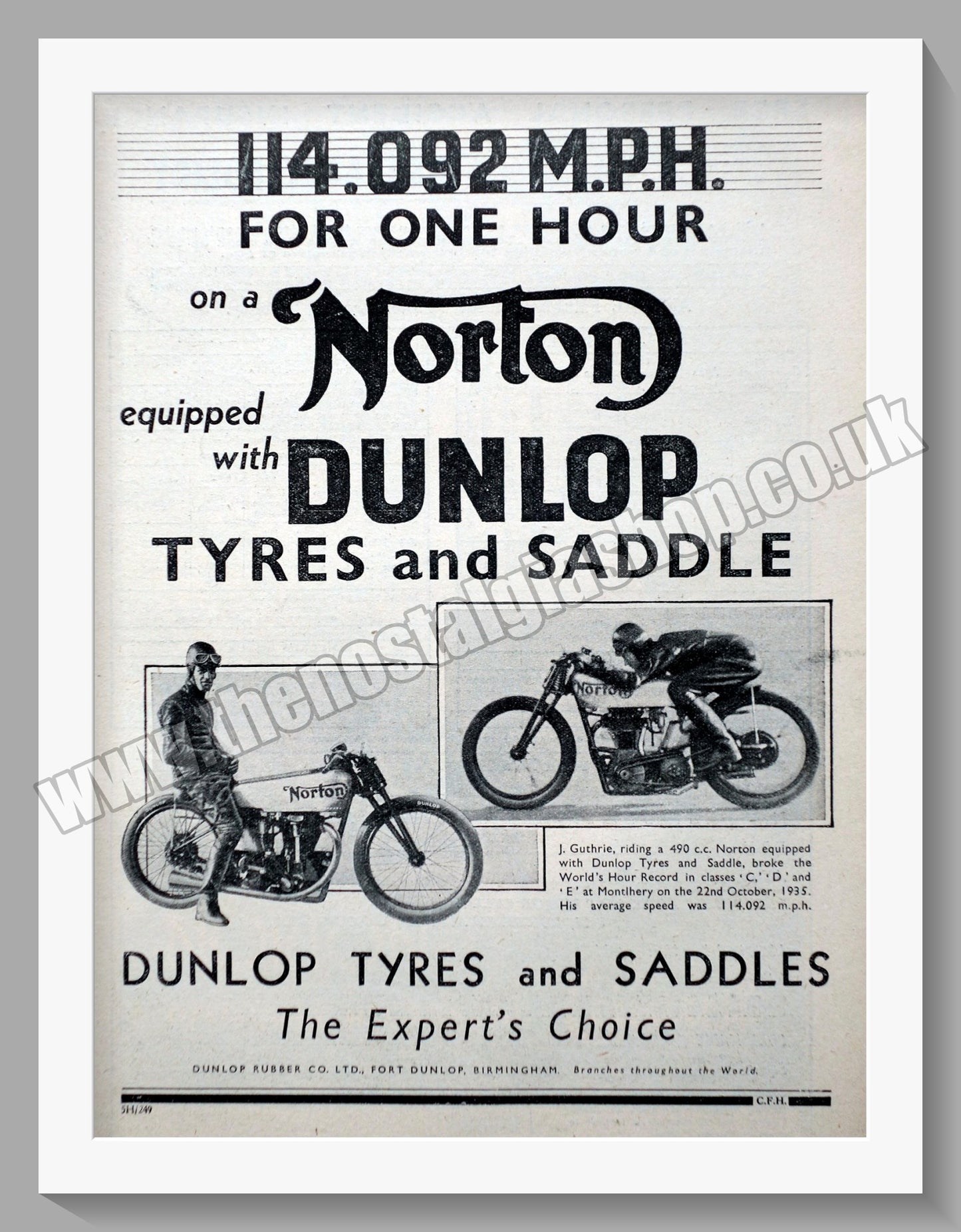 Norton Motorcycles Dunlop Tyres and Saddle. Original Advert 1935  (ref AD58657)