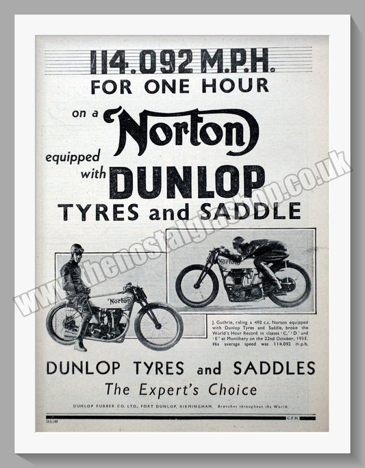 Norton Motorcycles Dunlop Tyres and Saddle. Original Advert 1935  (ref AD58657)
