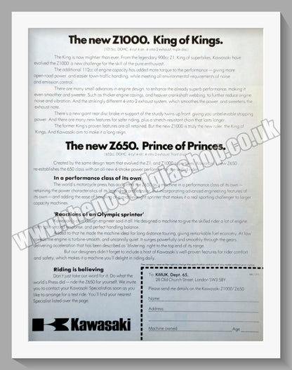 Kawasaki Z1000 & Z650 Motorcycles. 1976 Original Double Advert. (ref AD58551)