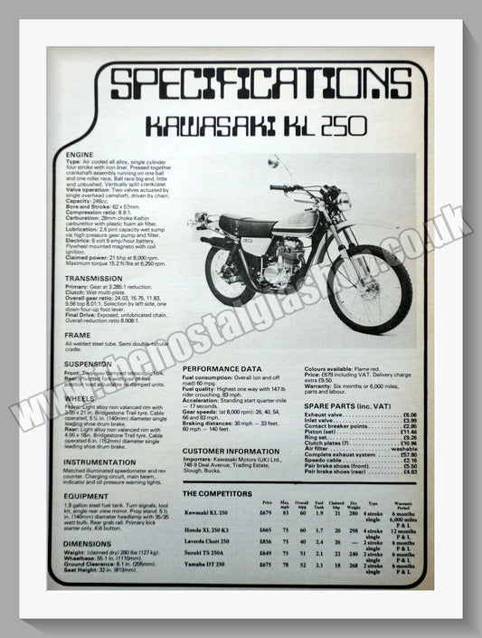 Kawasaki KL250 Motorcycle. Specifications 1978 Original Advert. (ref AD58548)