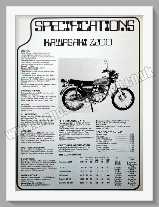 Kawasaki Z200 Motorcycle. Specifications 1978 Original Advert. (ref AD58550)