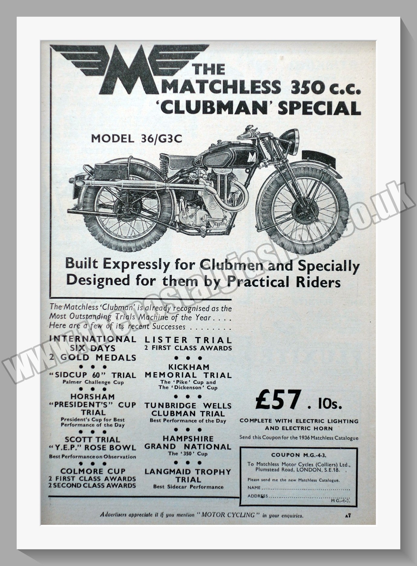 Matchless 350cc Clubman Special Motorcycle. 1936 Original Advert. (ref AD58561)