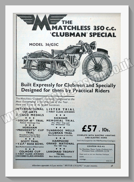 Matchless 350cc Clubman Special Motorcycle. 1936 Original Advert. (ref AD58561)