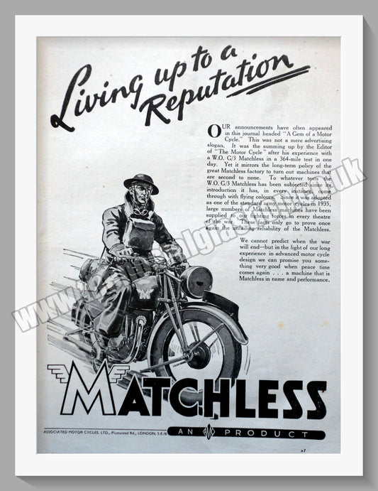 Matchless Motorcycles. 1940 Original Advert. (ref AD58562)