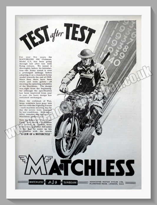 Matchless Motorcycles On Active Service. 1940 Original Advert. (ref AD58565)