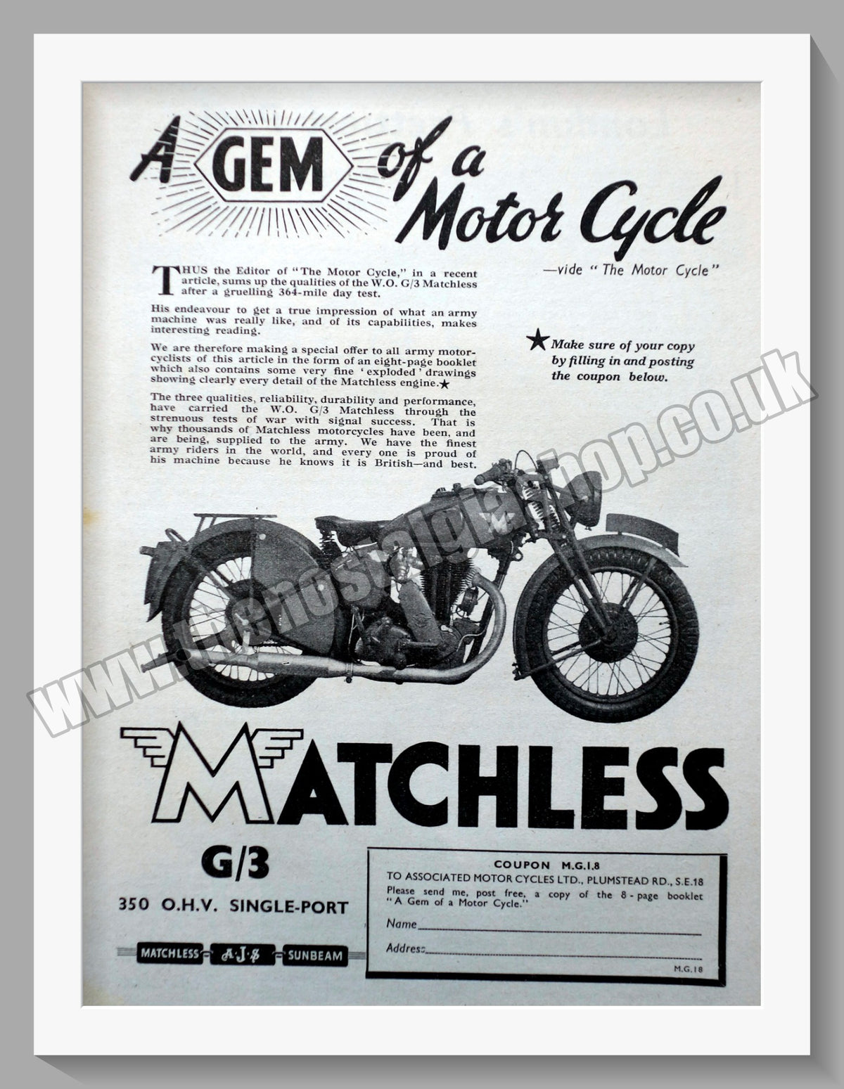 Matchless G Matchless G/3 350cc Motorcycle. 1940 Original Advert. (ref AD58566 ...