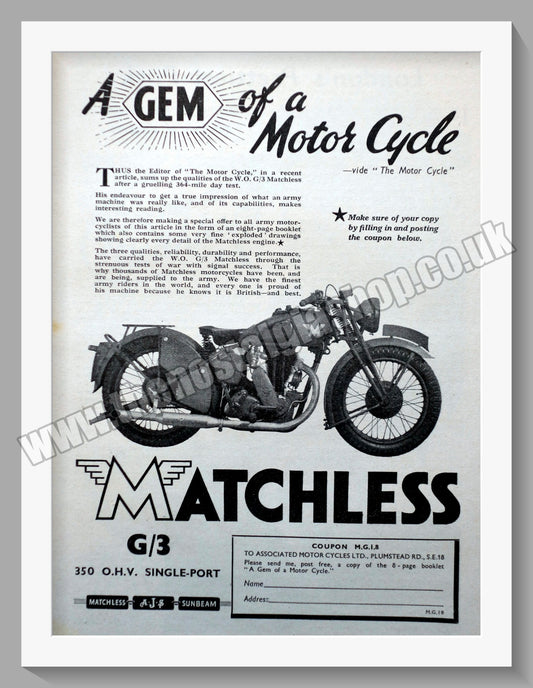 Matchless G/3 350cc Motorcycle. 1940 Original Advert. (ref AD58566)