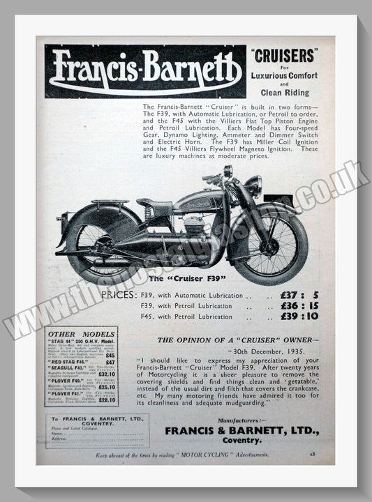 Francis-Barnett Cruiser F39 Motorcycles. Original Advert 1936 (ref AD58579)