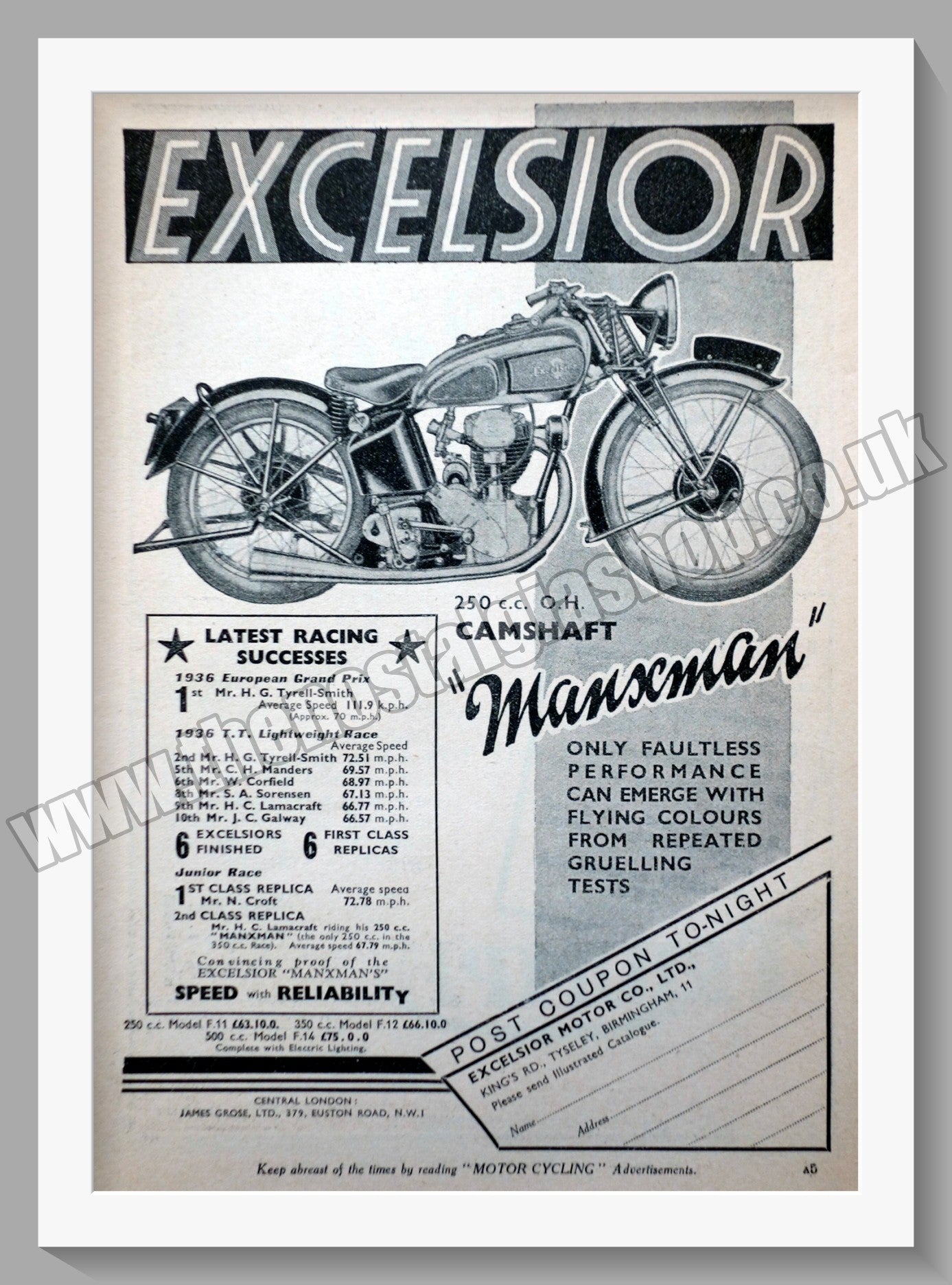 Excelsior 250cc Motorcycle. Original Advert 1936 (ref AD58580)