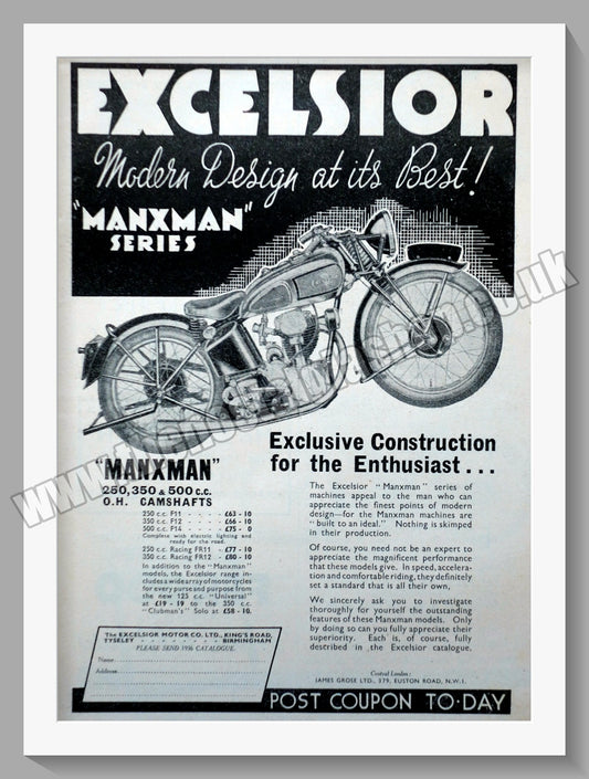 Excelsior Manxman Series Motorcycles. Original Advert 1936 (ref AD58581)