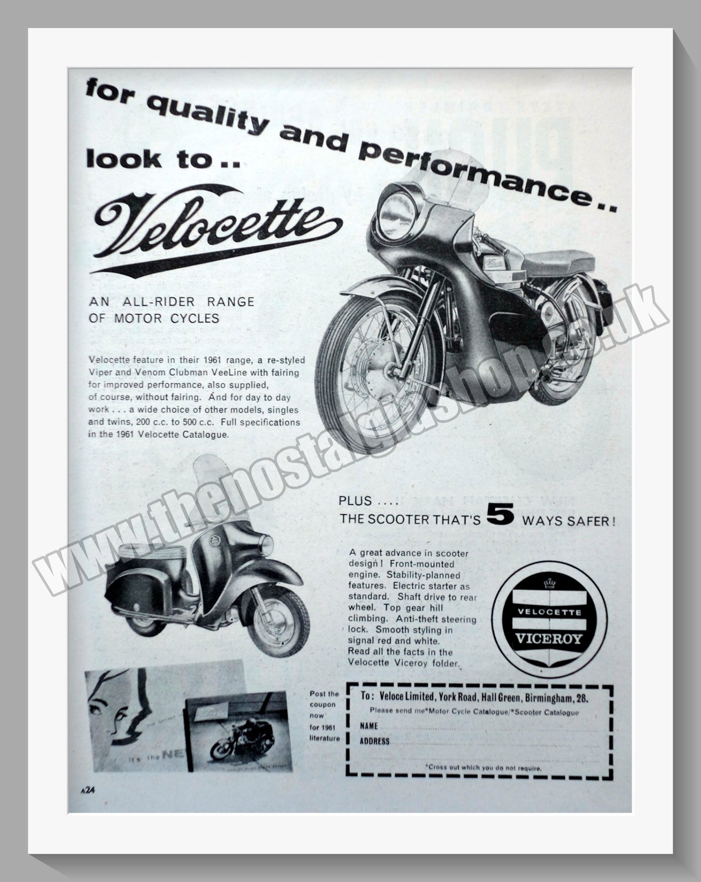 Velocette Motorcycles. Original Advert 1961 (ref AD558589)