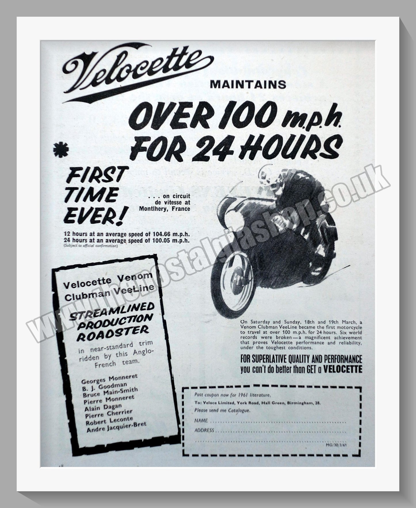 Velocette Motorcycles Speed and Endurance records. Original Advert 1961 (ref AD58590)