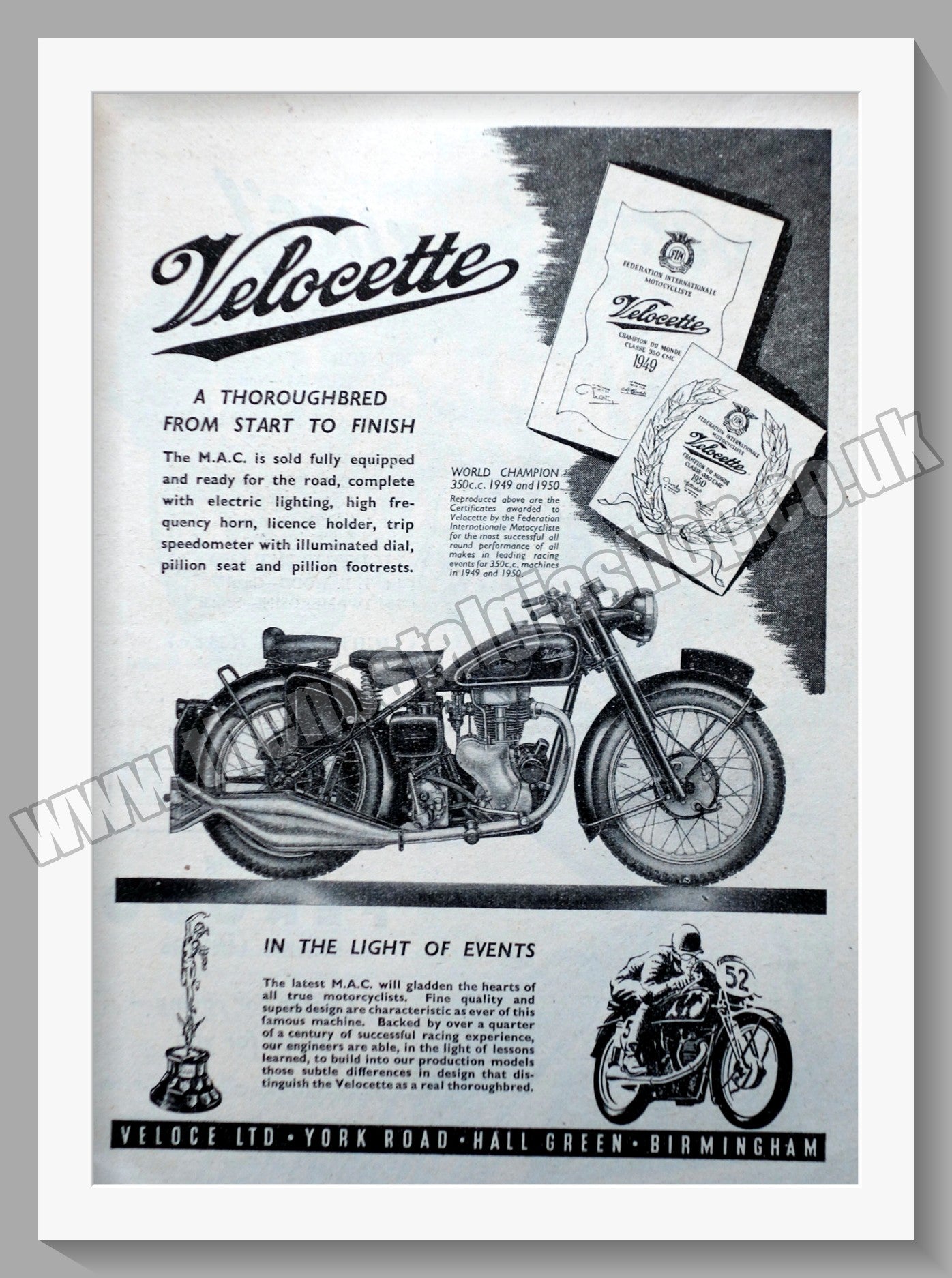 Velocette M.A.C. Motorcycle. Original Advert 1951 (ref AD58594)