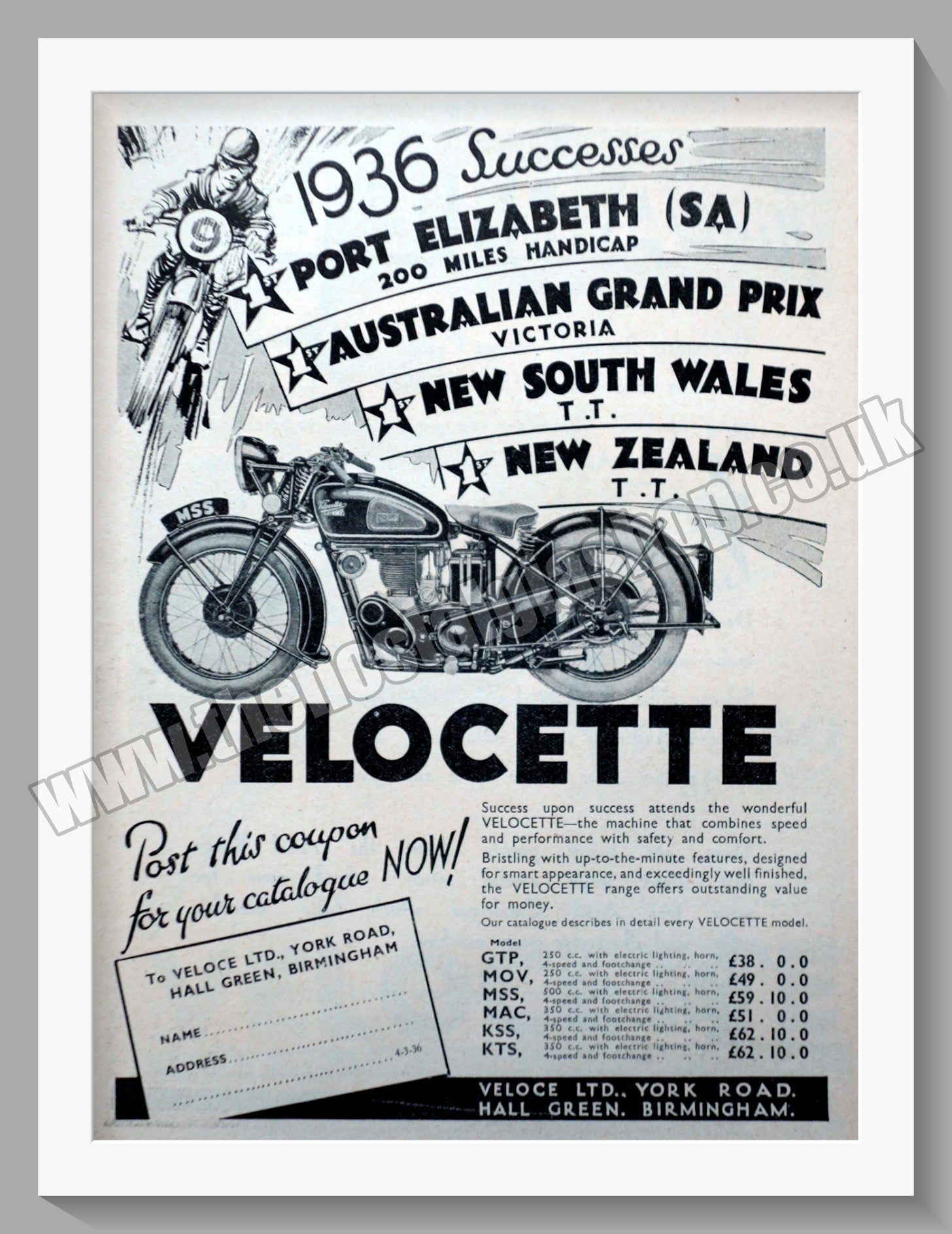 Velocette Motorcycles Racing Victories. Original Advert 1936 (ref AD58 ...