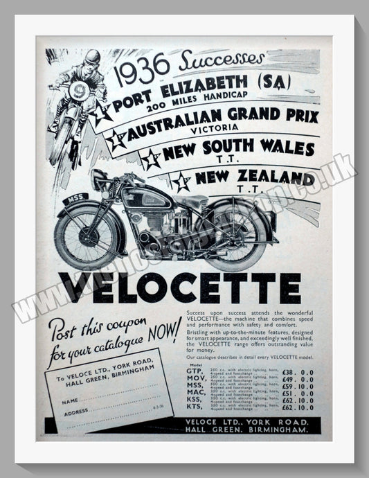 Velocette Motorcycles Racing Victories. Original Advert 1936 (ref AD58598)