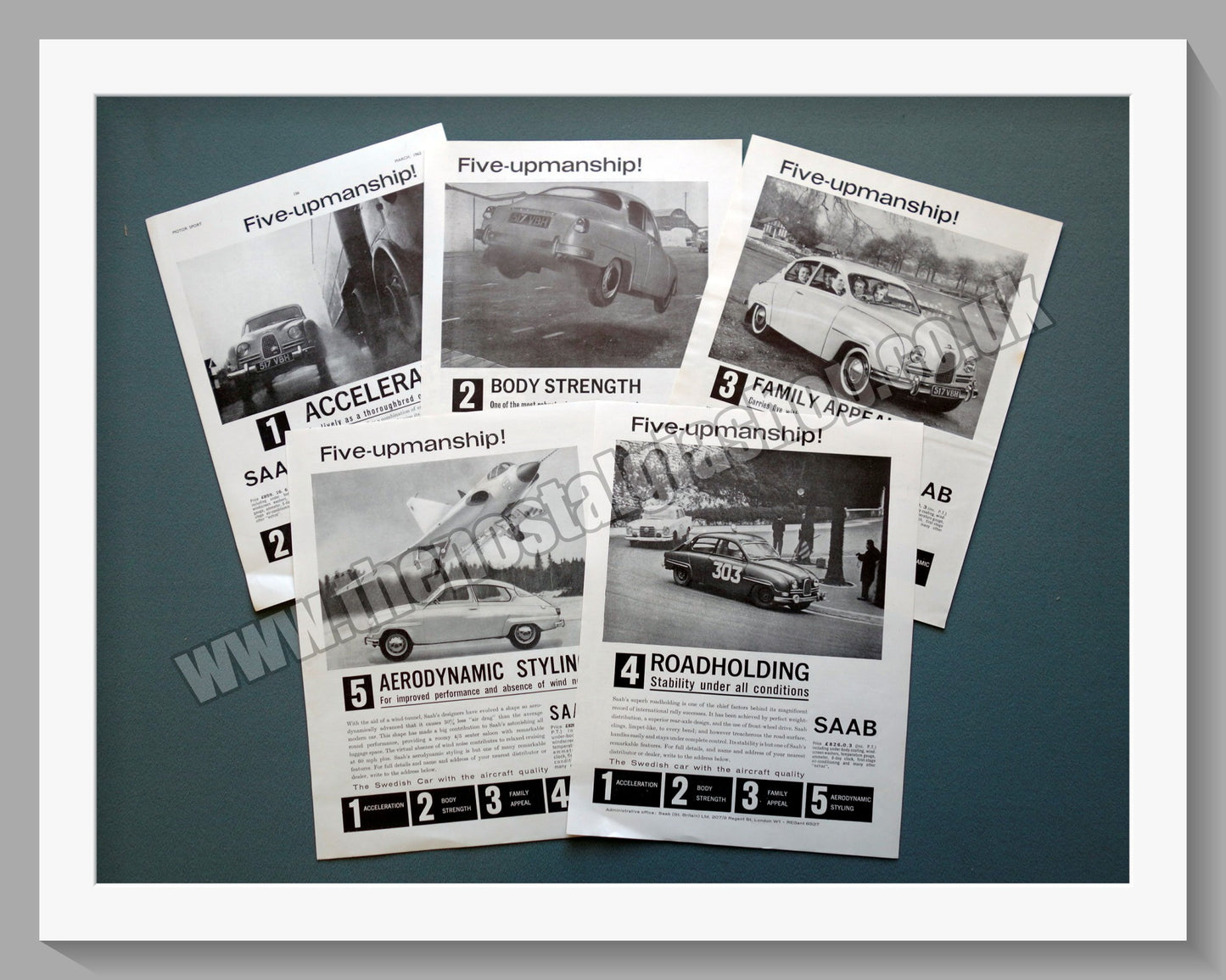 Saab. Five-Upmanship. Full Set of 5 Original Adverts 1962 (ref AD58587)