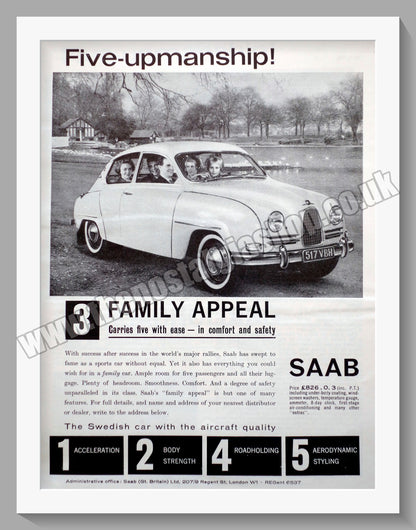 Saab. Five-Upmanship. Full Set of 5 Original Adverts 1962 (ref AD58587)