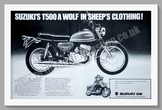 Suzuki T500 Motorcycle. Original advert 1975 (ref AD58812)