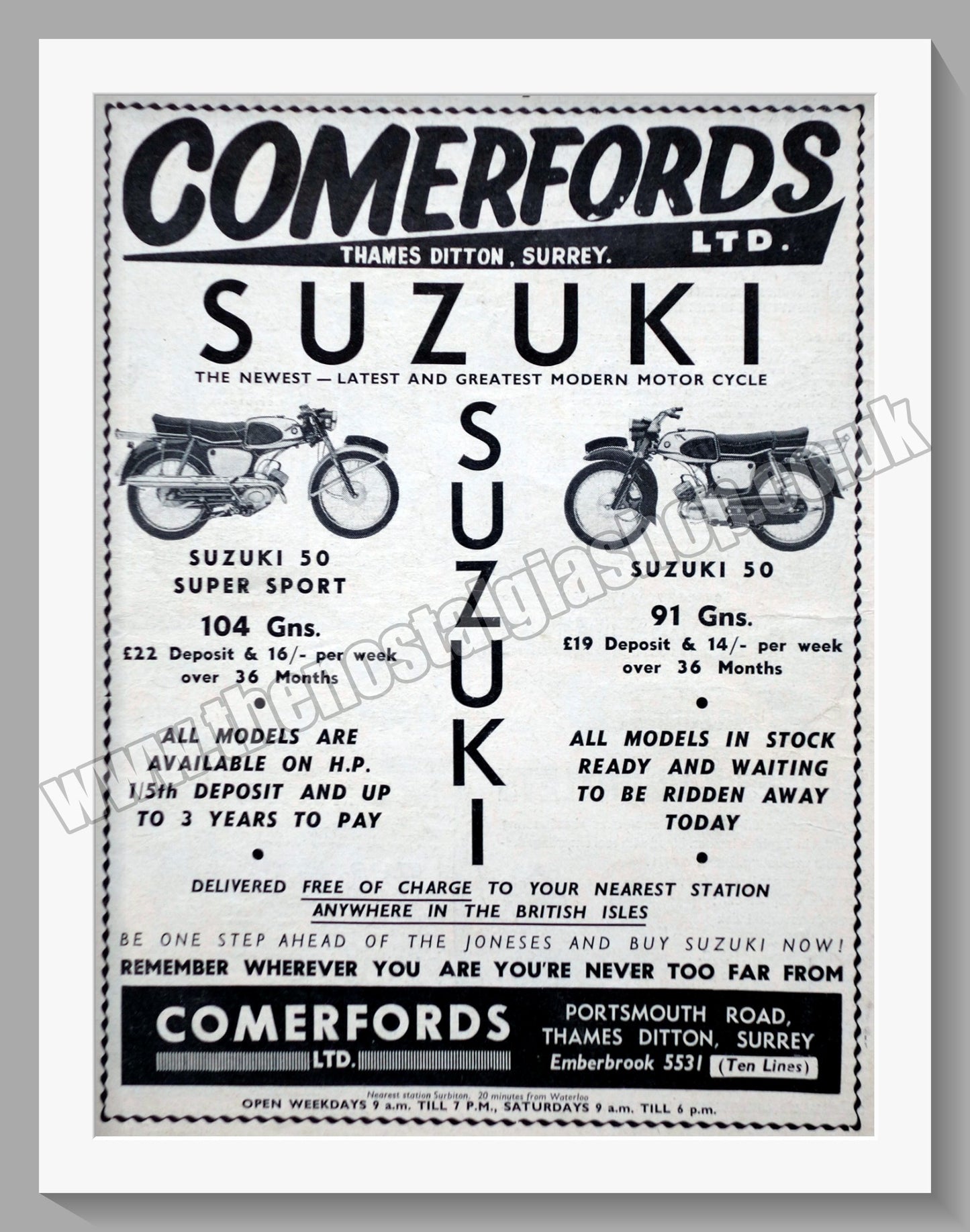 Suzuki Motorcycle Range at Comerfords. Original advert 1963 (ref AD58672)