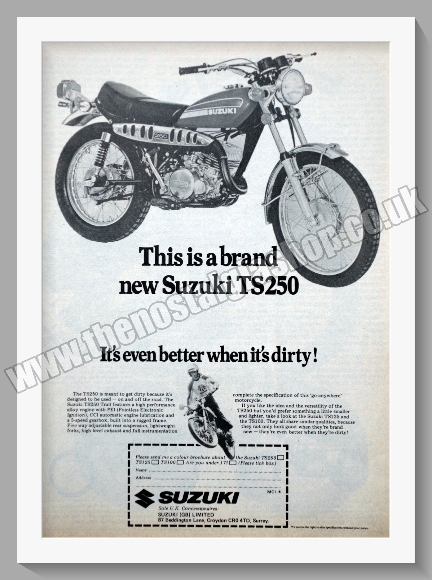 Suzuki TS250 Motorcycle. Original advert 1974 (ref AD58674)
