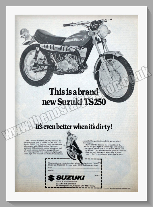 Suzuki TS250 Motorcycle. Original advert 1974 (ref AD58674)