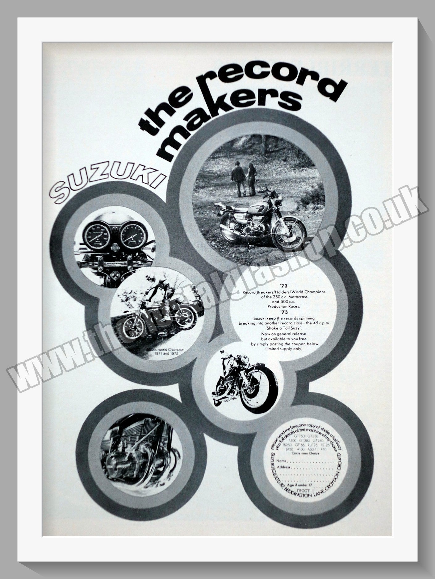 Suzuki Motorcycles. The Record Makers. Original advert 1973 (ref AD58675)