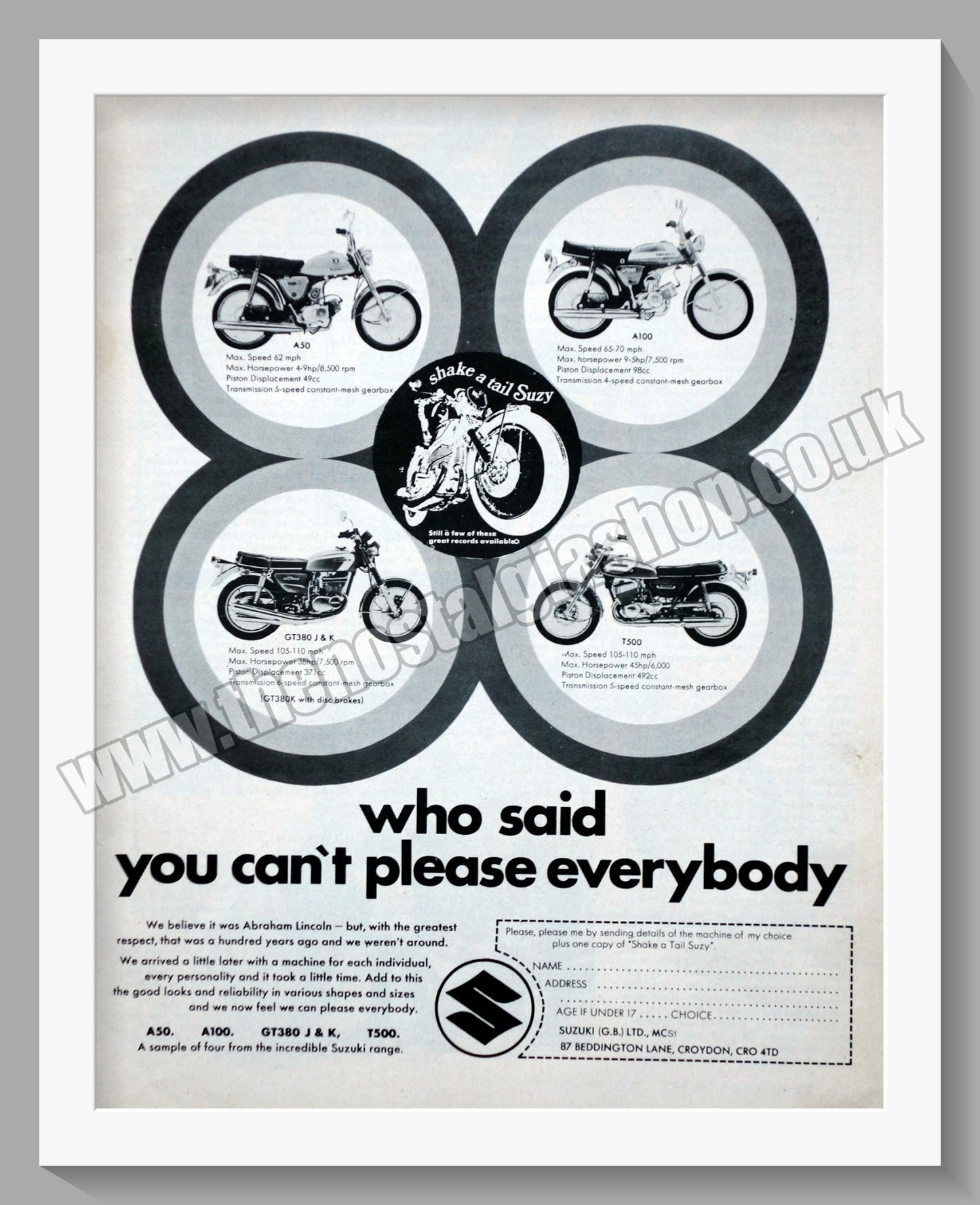 Suzuki Motorcycles. Original advert 1973 (ref AD58750)