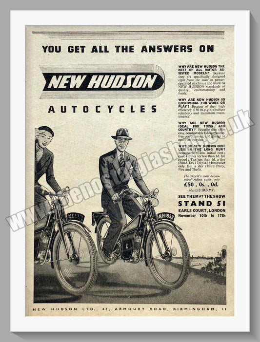 Hudson Autocycles Original Advert 1951 (ref AD58833)