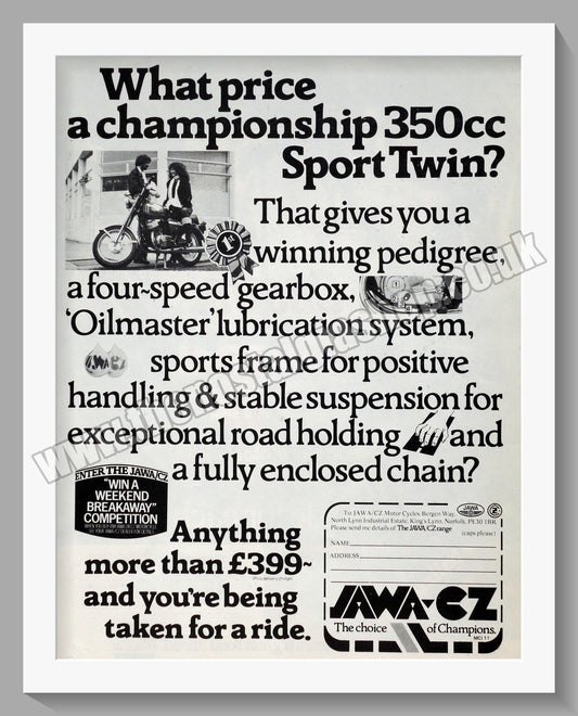 Jawa 350cc Sport Twin CZ Motorcycles. 1976 Original advert (ref AD58924)