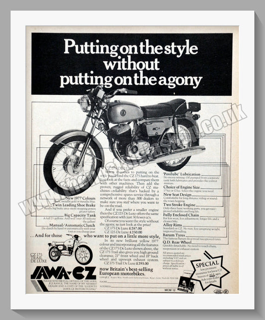 Jawa CZ175 Trail De Luxe Motorcycles. 1977 Original advert (ref AD58944)