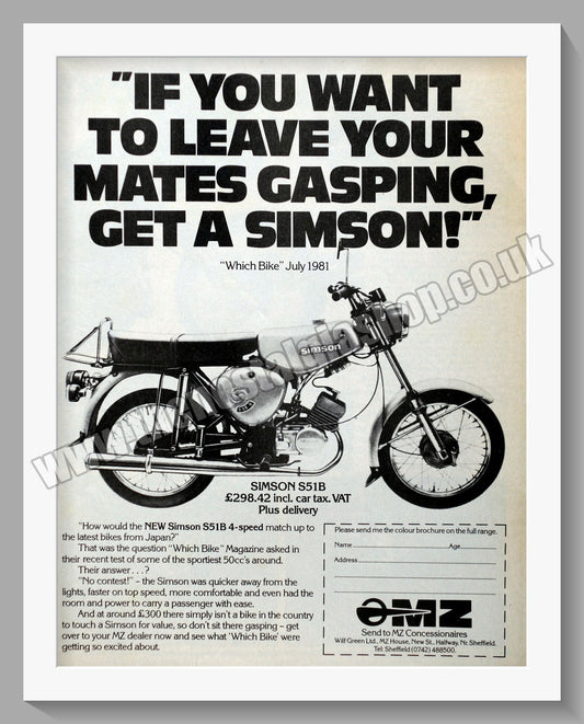 OMZ Simson S51B Motorcycle. Original advert 1981 (ref AD60081)