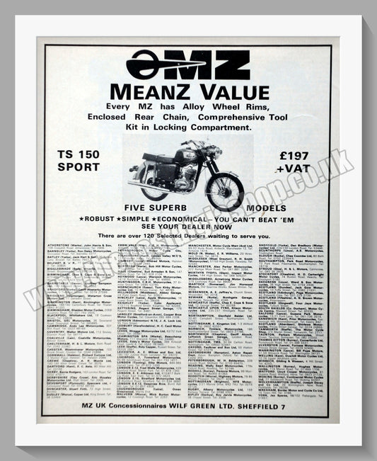 OMZ TS 150 Sport Motorcycles. Original advert 1974 (ref AD60083)