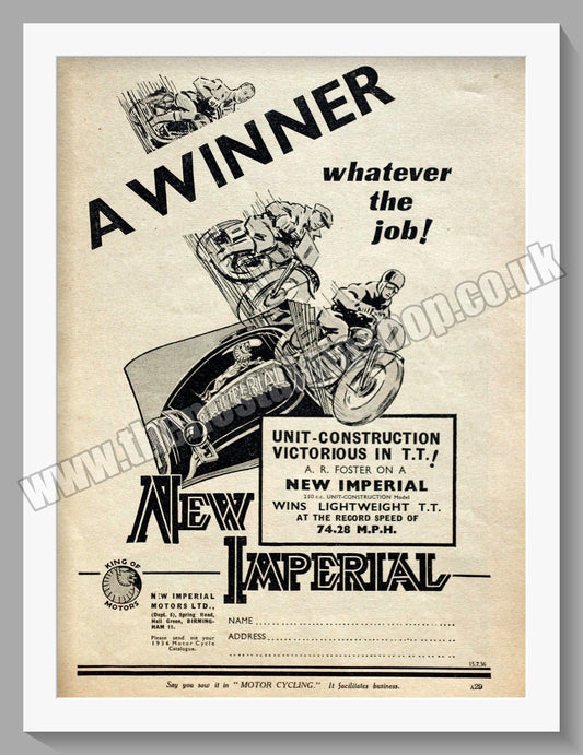 Imperial Motorcycles. Original Advert 1936 (ref AD60118)