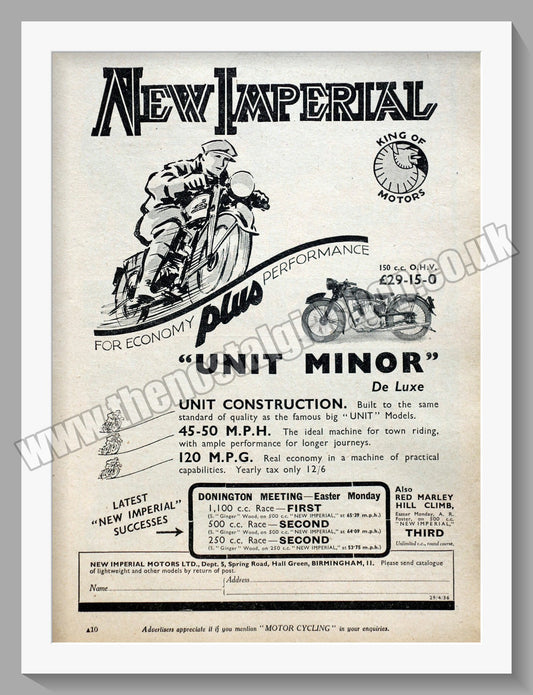 Imperial Motorcycles. Unit Minor. Original Advert 1936 (ref AD60120)