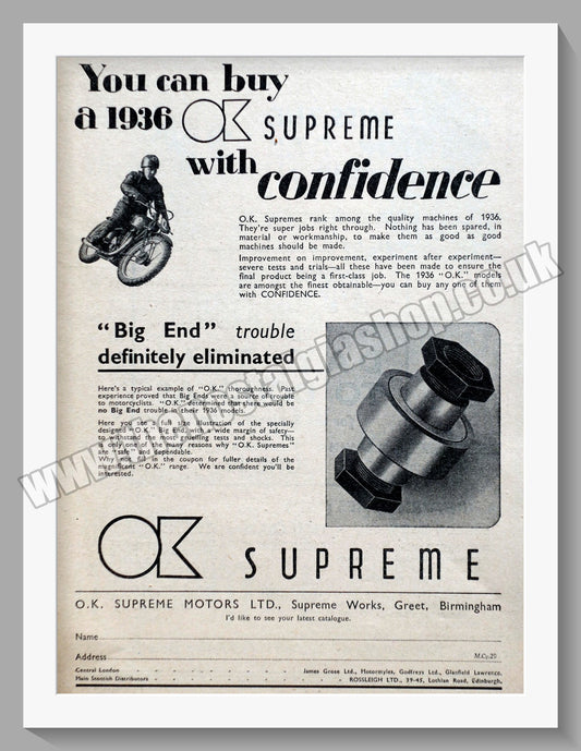 O.K. Supreme Motorcycle. Original Advert 1936 (ref AD60125)