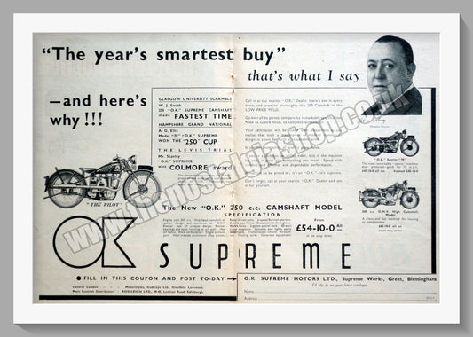 O.K. Supreme Motorcycle. Original Advert 1936 (ref AD60127)