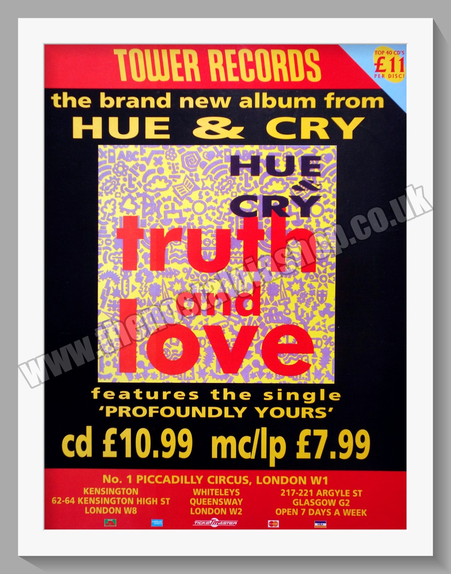Hue and Cry. Truth and Love. Original Vintage Advert 1992 (ref AD60304)