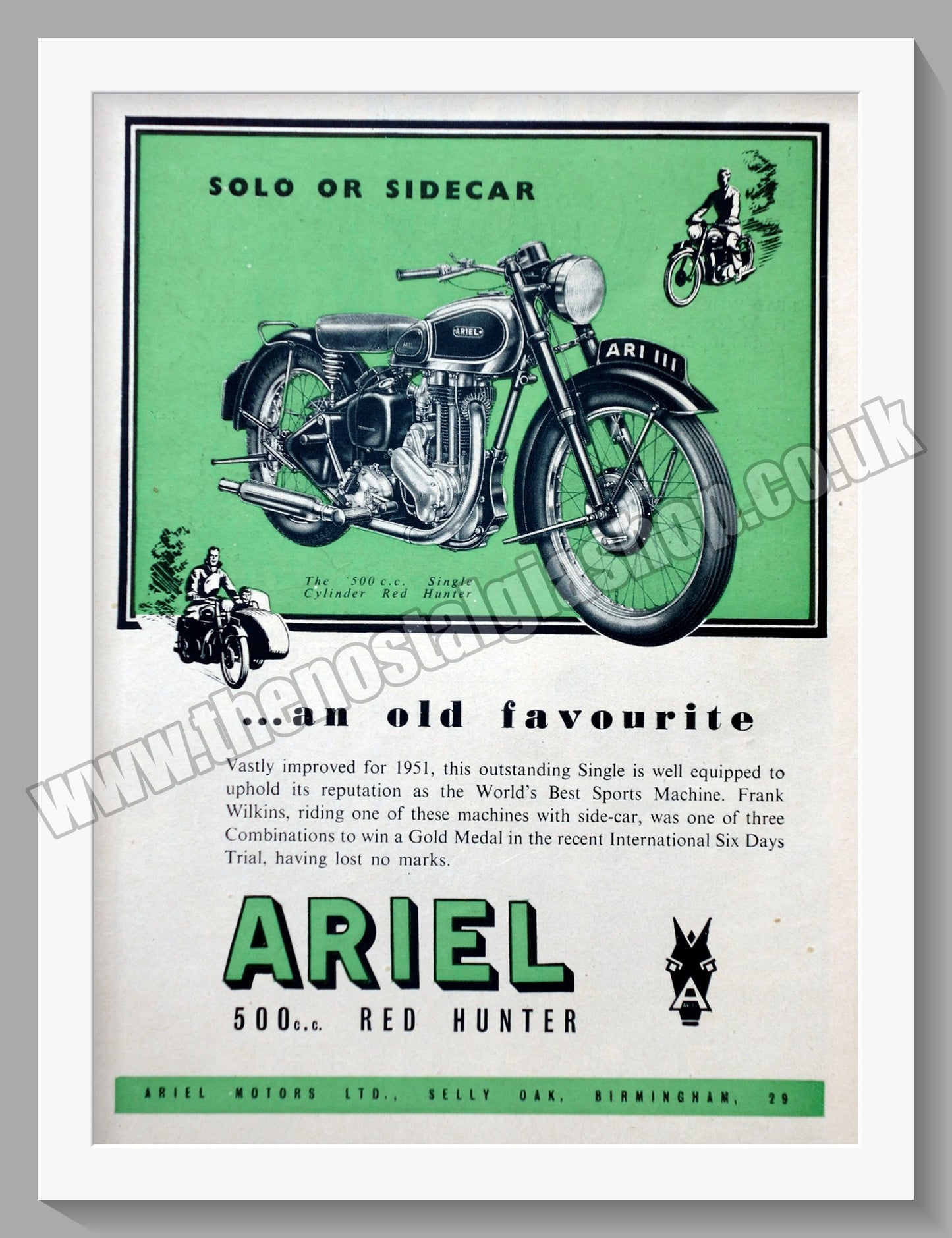 Ariel Red Hunter 500cc Vertical Twin Motorcycle. Original Advert 1951 (ref AD60431)