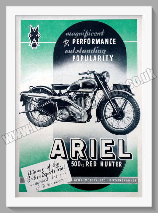 Ariel Red Hunter 500cc Vertical Twin Motorcycle. Original Advert 1947 (ref AD60437)