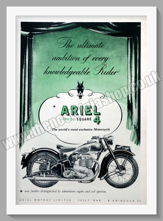 Ariel 1000cc Square Four Motorcycle. Original Advert 1948 (ref AD60442)