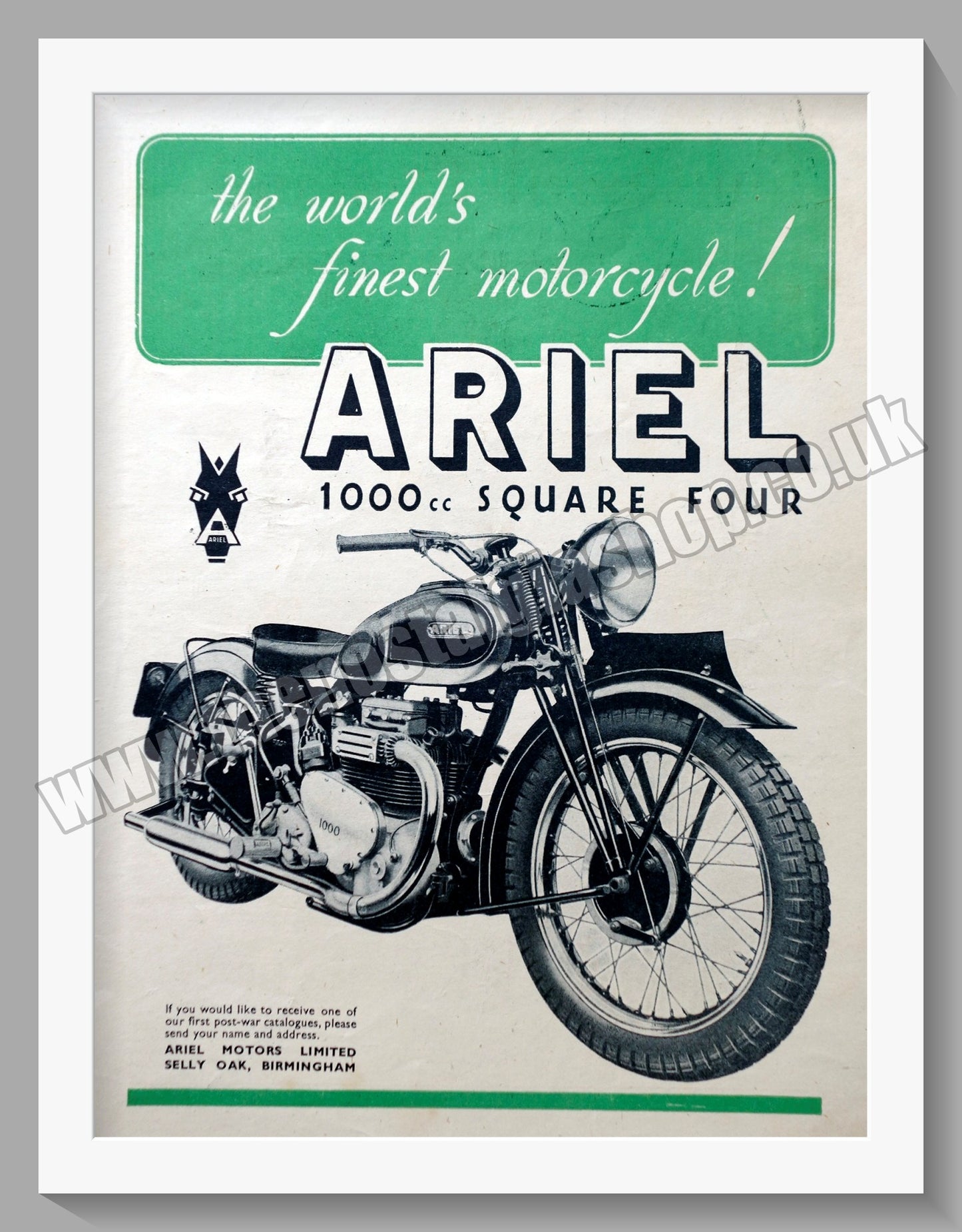 Ariel 1000cc Square Four Motorcycle. Original Advert 1946 (ref AD60444)