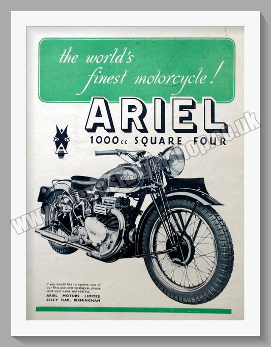 Ariel 1000cc Square Four Motorcycle. Original Advert 1946 (ref AD60444)