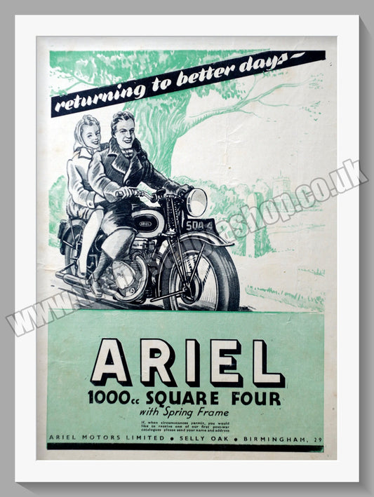 Ariel 1000cc Square Four Motorcycle. Original Advert 1945 (ref AD60447)