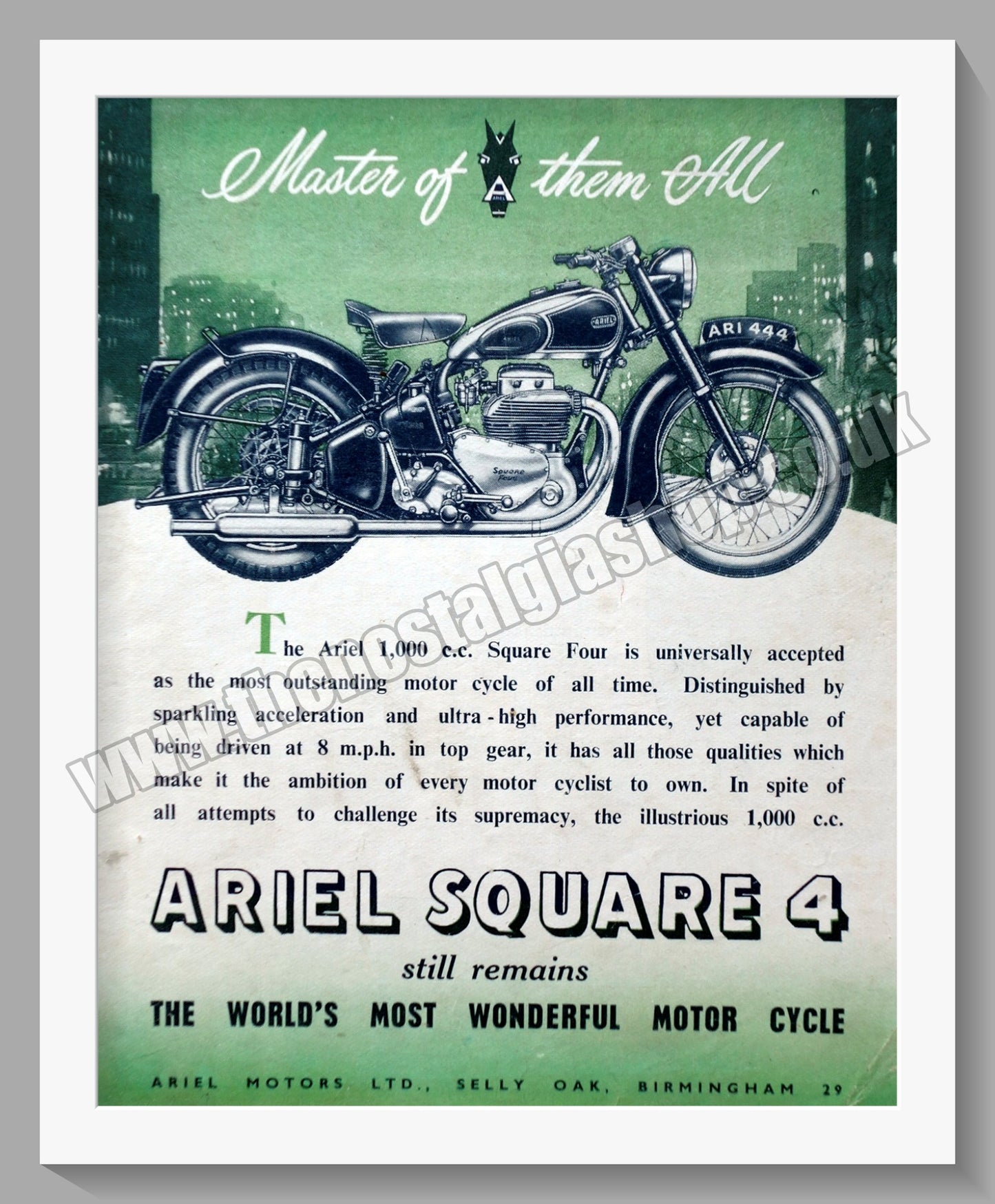 Ariel 1000cc Square Four Motorcycle. Original Advert 1950 (ref AD60449)