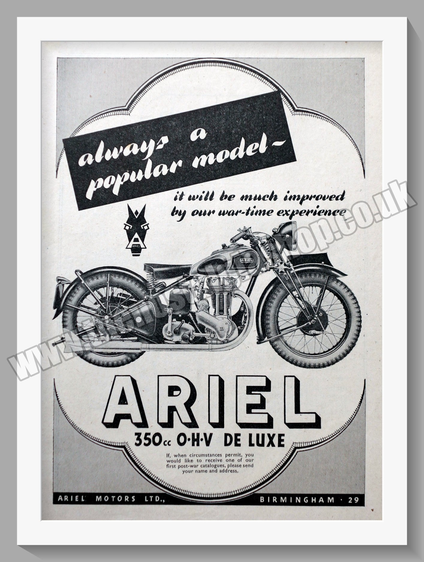 Ariel 350 De Luxe Motorcycles. Original Advert 1945 (ref AD60470)